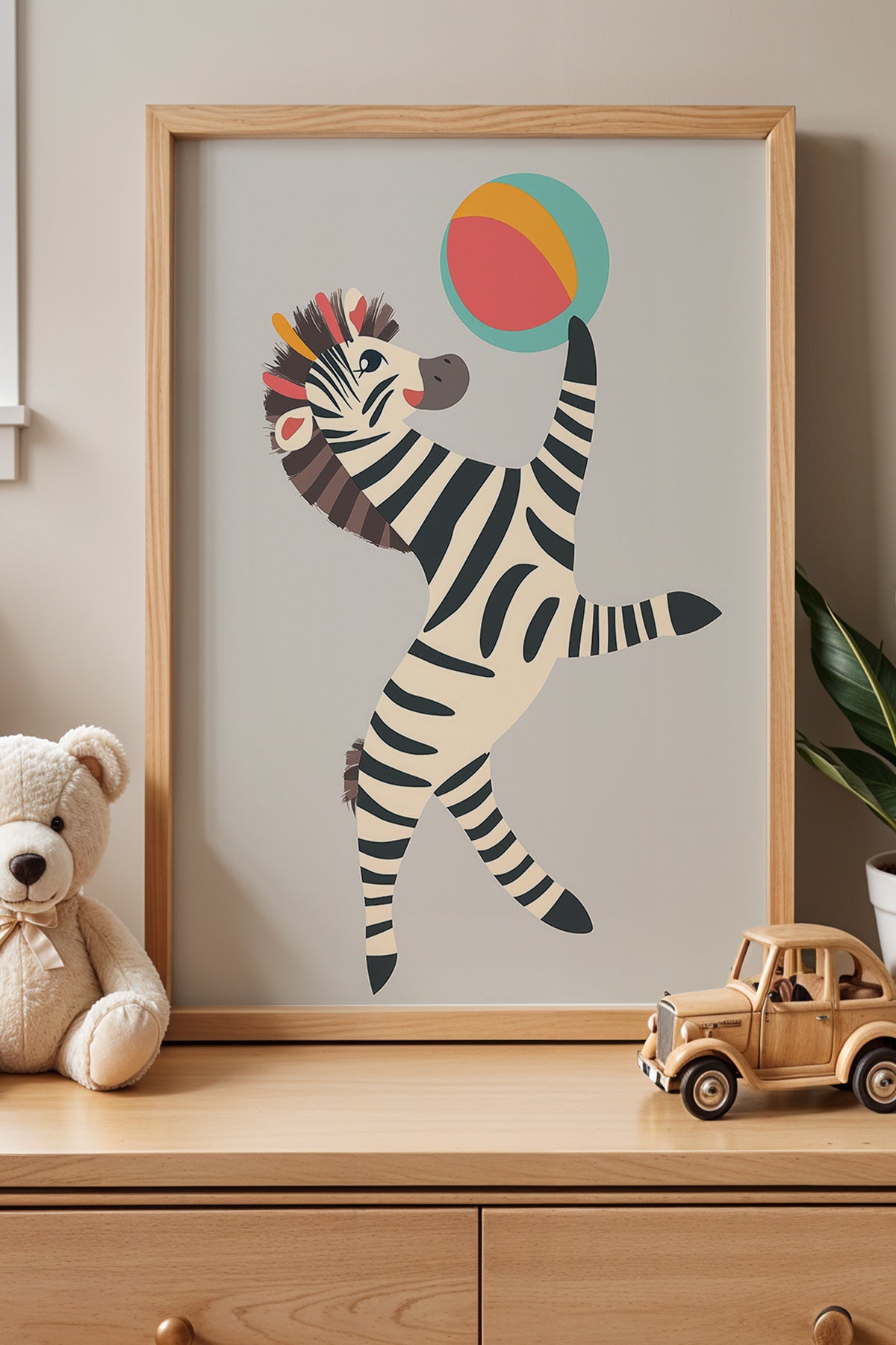 Eğlenceli Zebra Karakterleri Çocuk Odası Doğal Ahşap Çerçeveli Tablo Seti