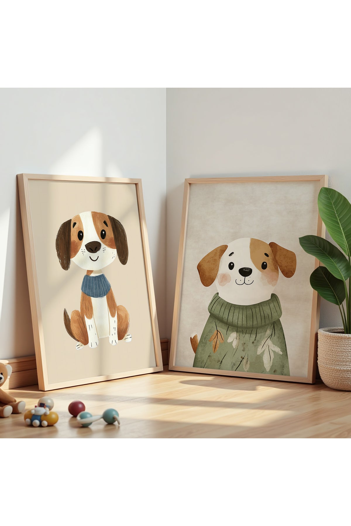 2'Li Sevimli Köpekler Çocuk Odası Ve Bebek Odası Ahşap Çerçeveli Duvar Tablosu