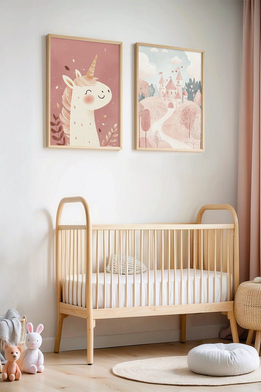Pembe Unicorn Ve Masalsı Şato Doğal Ahşap Çerçeveli Çocuk Odası ve Bebek Odası Tablosu