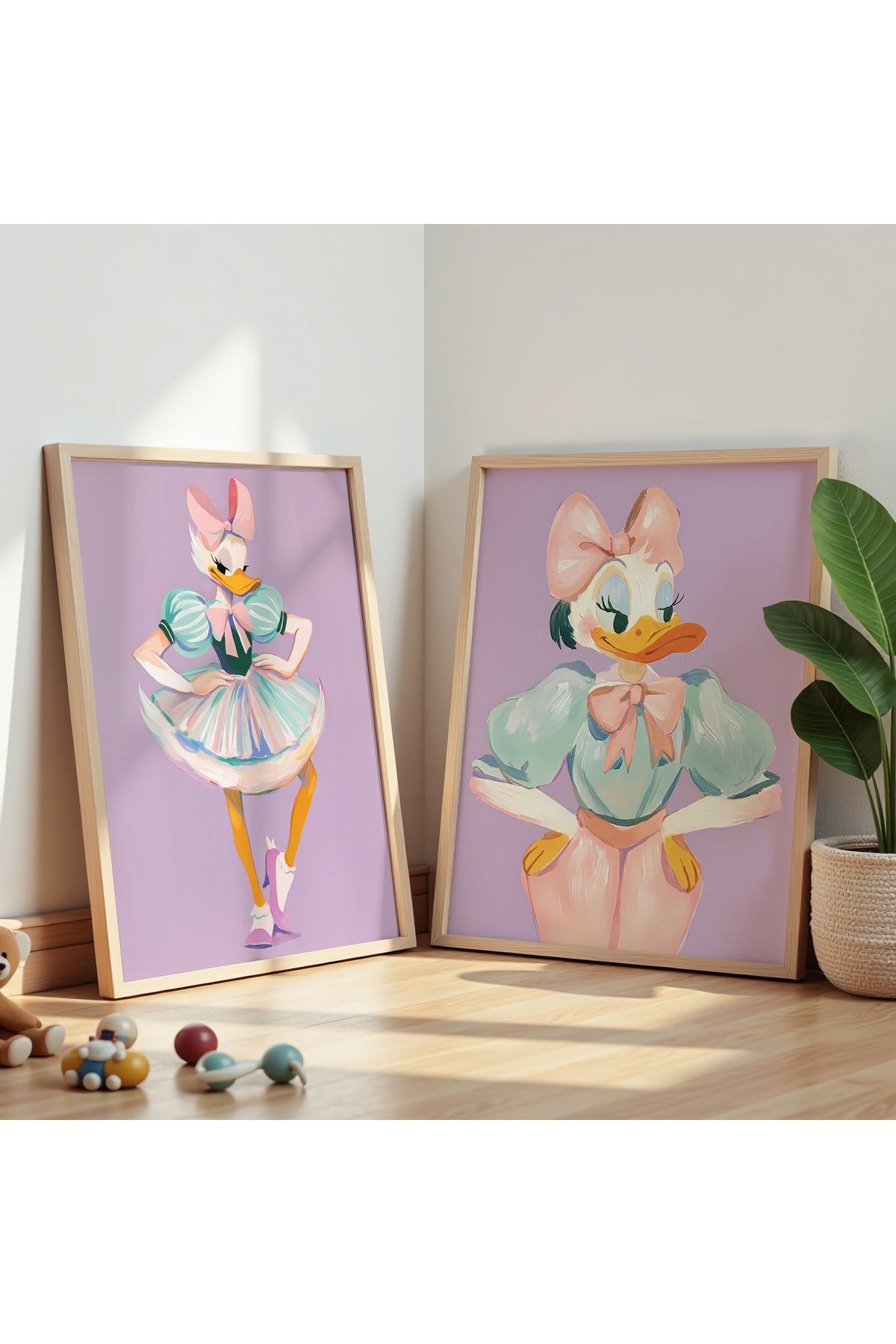 2'Li Daisy Duck Çocuk Odası Ve Bebek Odası Ahşap Çerçeveli Duvar Tablosu