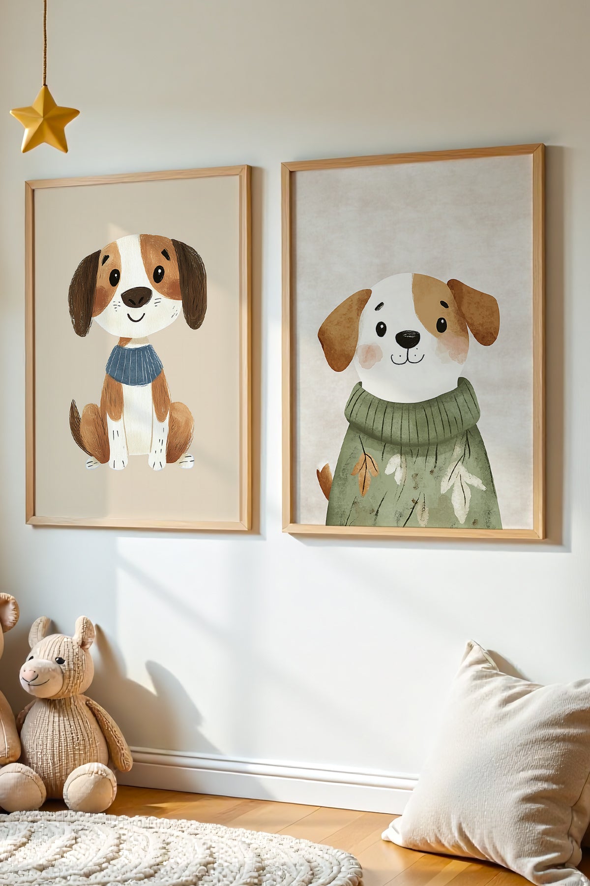2'Li Sevimli Köpekler Çocuk Odası Ve Bebek Odası Ahşap Çerçeveli Duvar Tablosu