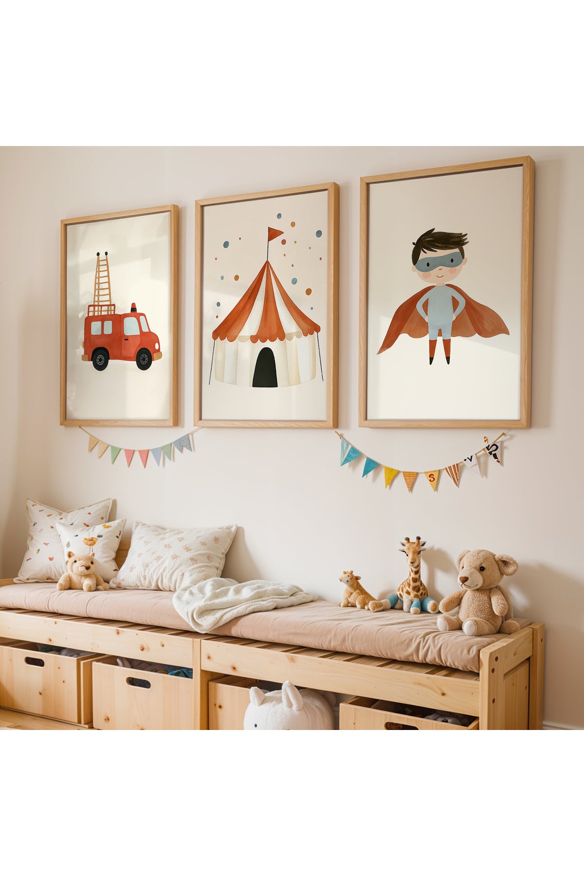 3 Parça Minimalist Süper Kahraman Erkek Çocuk Odası Ahşap Çerçeveli Tablo Seti