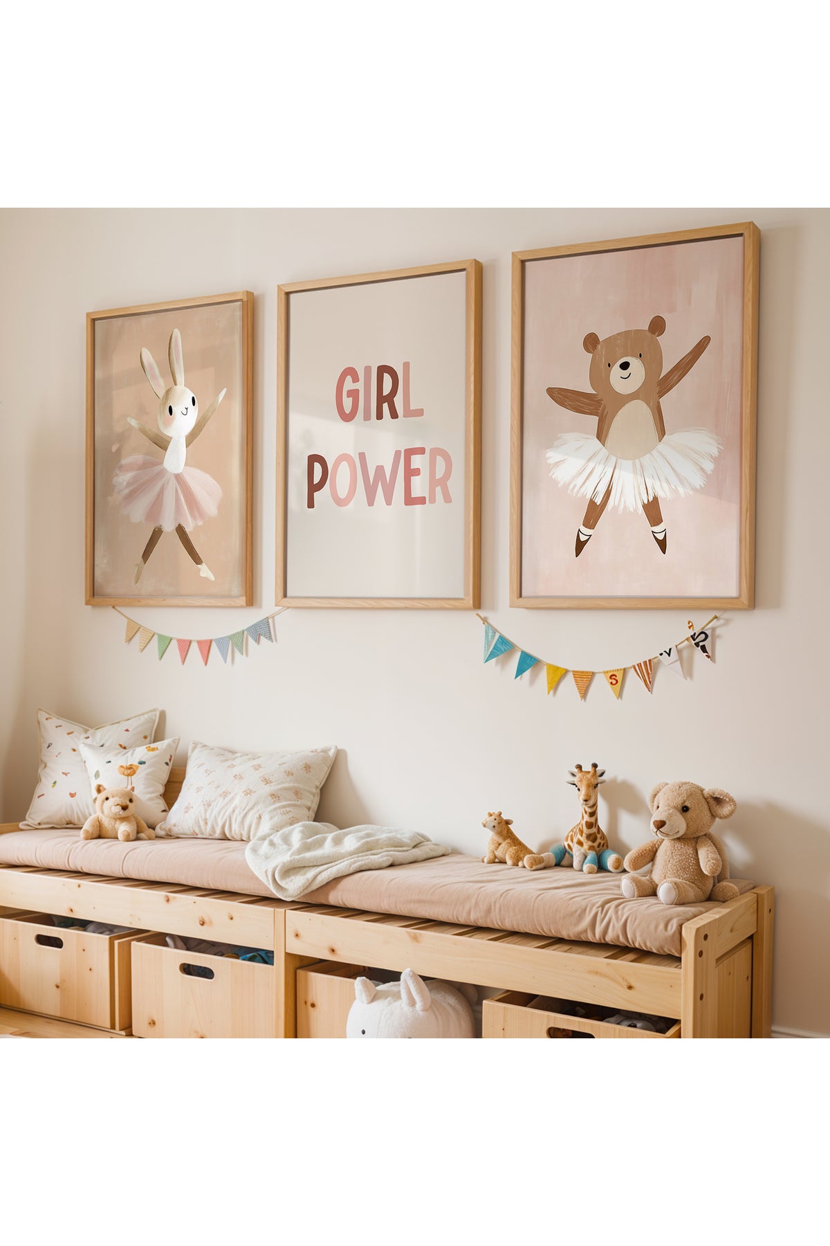 3 Parça Girl Power Balerin Temalı Kız Çocuk Odası Ahşap Çerçeveli Tablo Seti