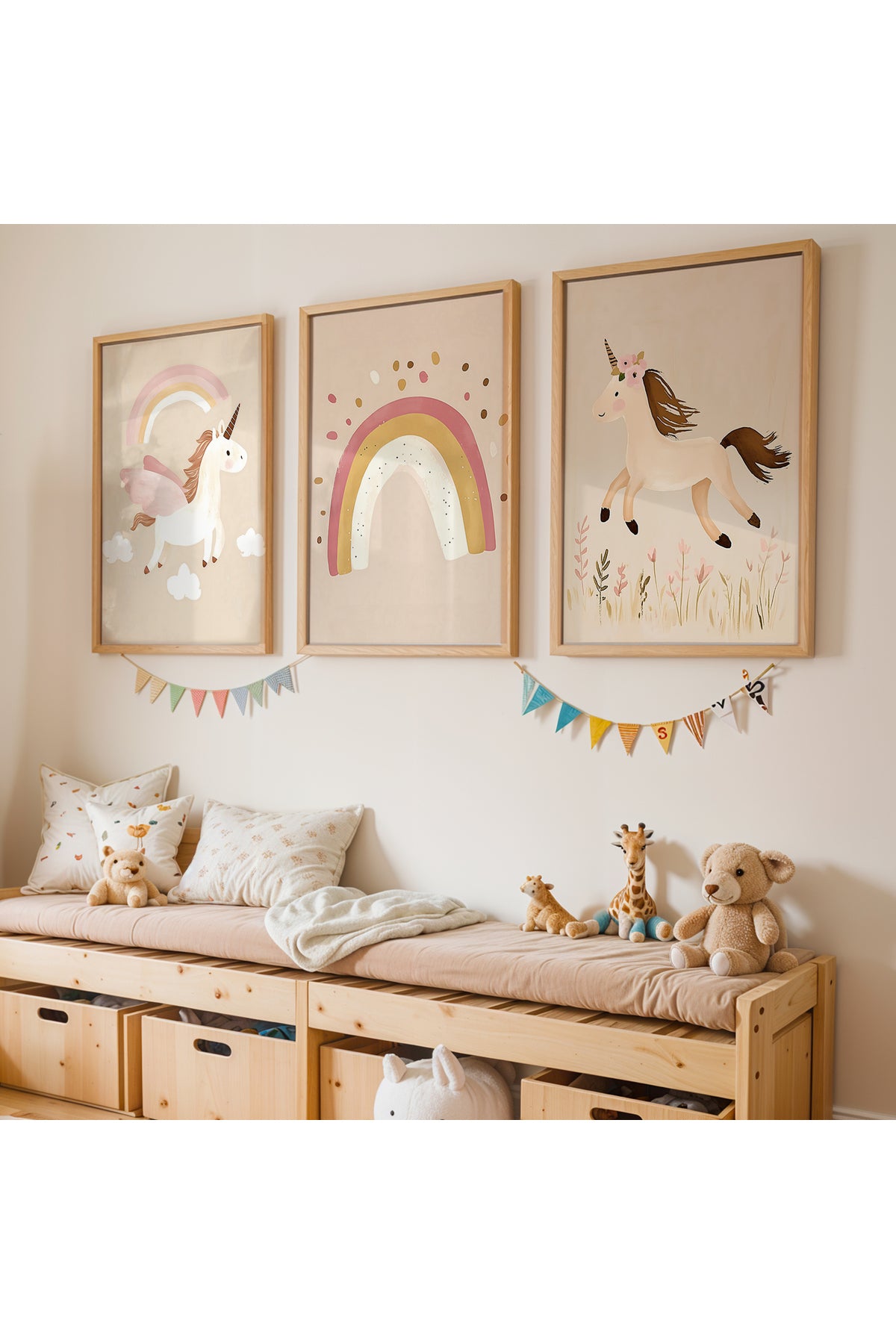 3 Parça Pastel Unicorn İskandinav Kız Çocuk Odası Ahşap Çerçeveli Tablo Seti