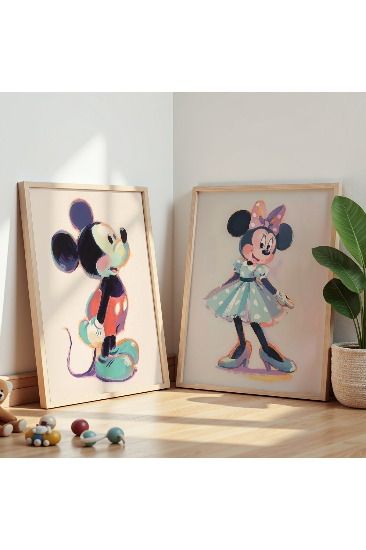 2'Li Mickey Mouse Çocuk Odası Ve Bebek Odası Ahşap Çerçeveli Duvar Tablosu