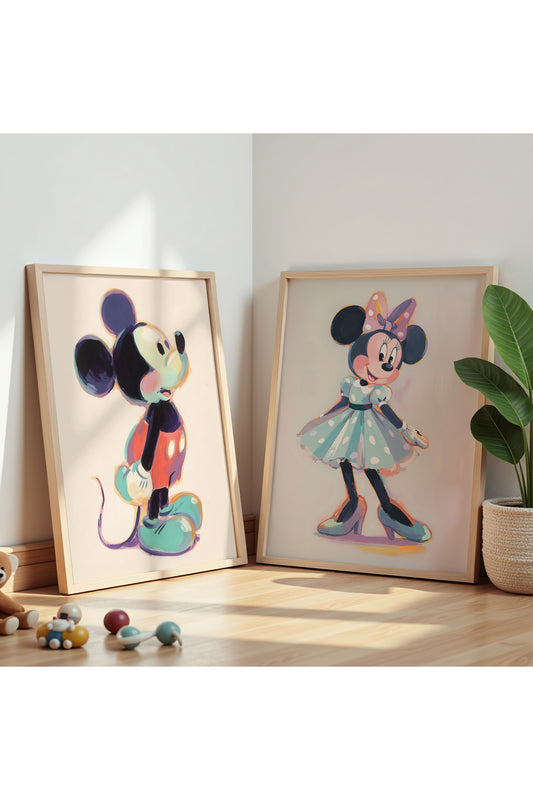 2'Li Mickey Mouse Çocuk Odası Ve Bebek Odası Ahşap Çerçeveli Duvar Tablosu