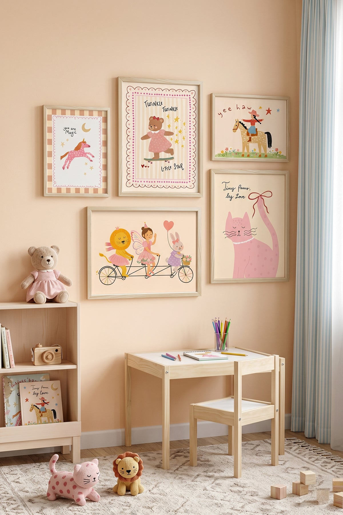 Eğlenceli Kaykaycı Ayı Ve Unicorn Temalı Kız Bebek Ve Çocuk Odası 5'li Tablo