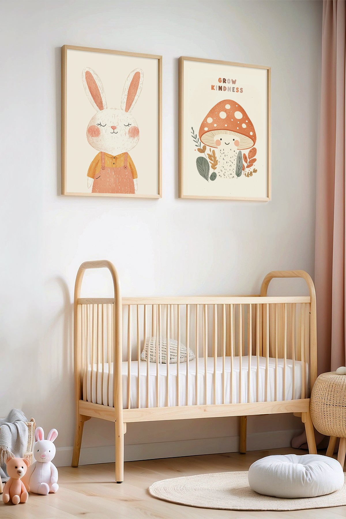 Sevimli Tavşan Ve Mantar Doğal Ahşap Çerçeveli Çocuk Odası ve Bebek Odası Tablosu