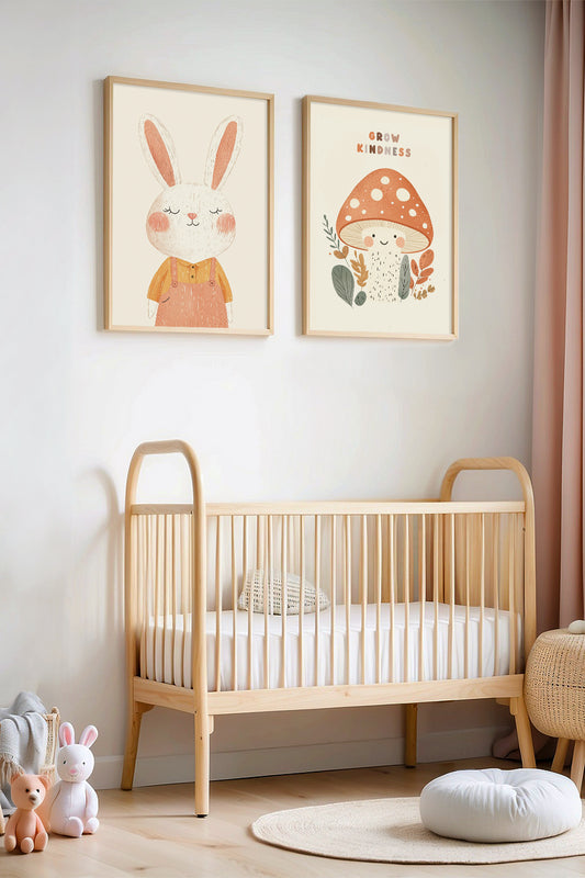 Sevimli Tavşan Ve Mantar Doğal Ahşap Çerçeveli Çocuk Odası ve Bebek Odası Tablosu