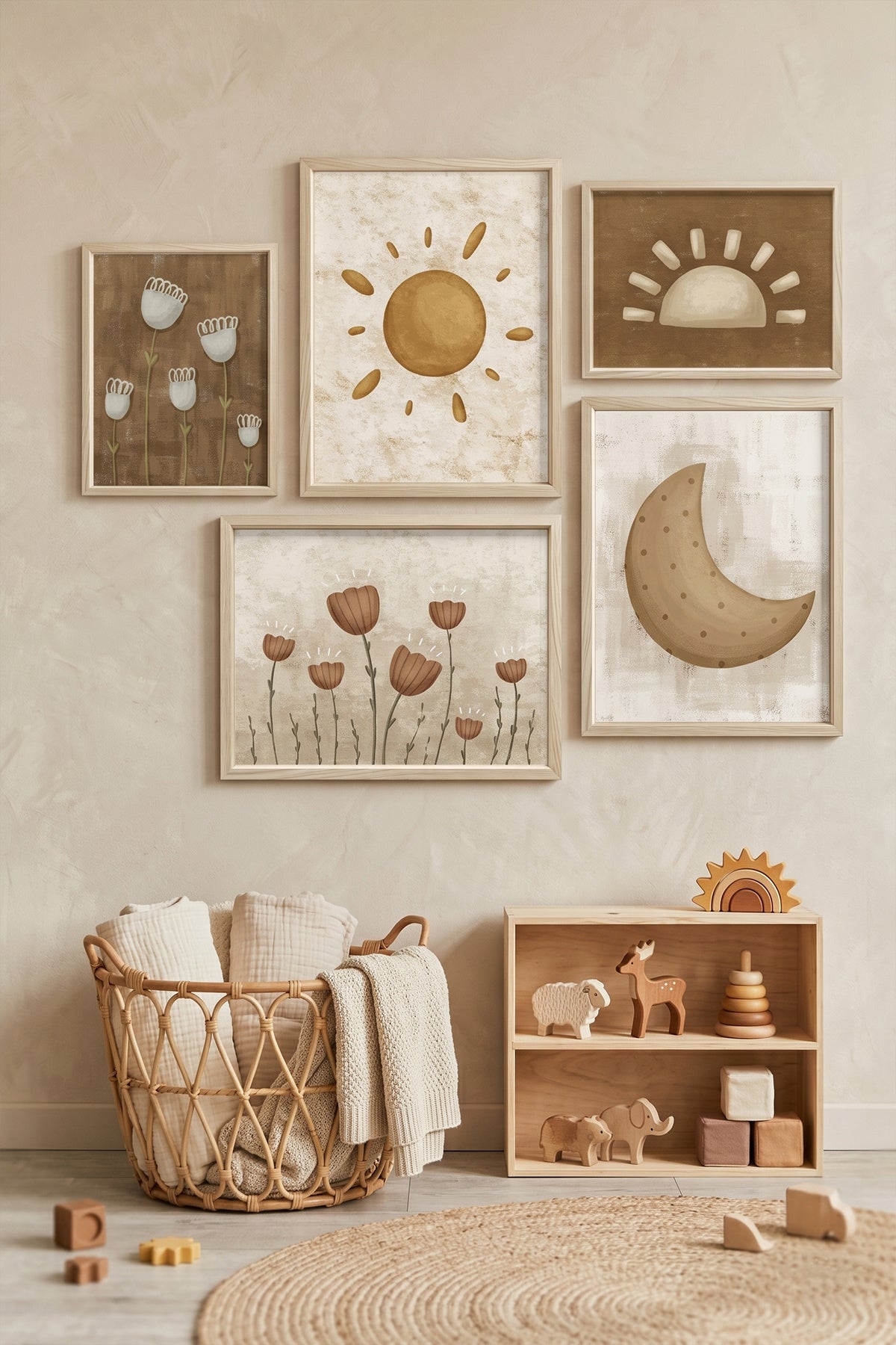 Boho Güneş ve Çiçekler Temalı Nötr Bebek ve Çocuk Odası 5’li Çerçeveli Tablo Seti