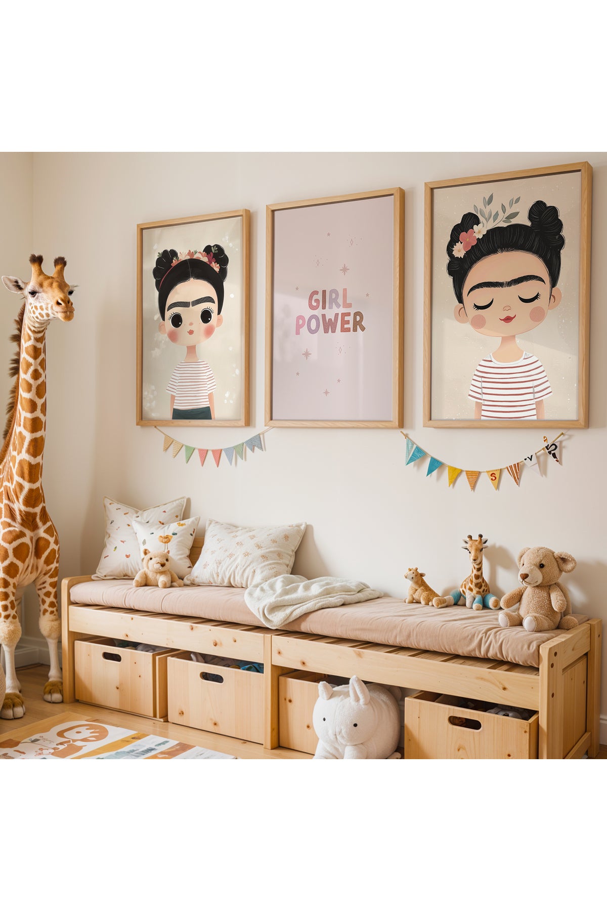3'lü Minimalist Çizim Çocuk Portreleri Doğal Ahşap Çerçeveli Çocuk Odası ve Bebek Odası Tablo