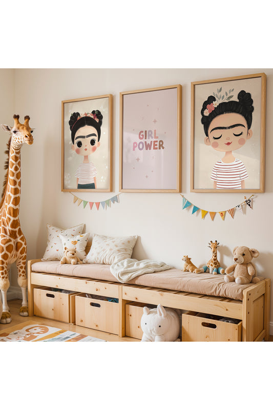 3'lü Minimalist Çizim Çocuk Portreleri Doğal Ahşap Çerçeveli Çocuk Odası ve Bebek Odası Tablo