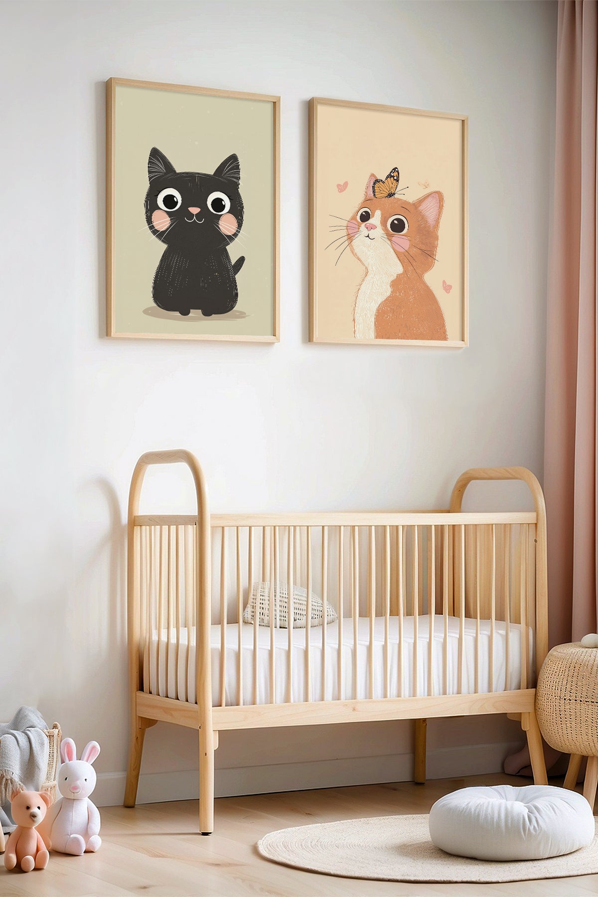 Sevimli Kedi Figürleri Doğal Ahşap Çerçeveli Çocuk Odası ve Bebek Odası Tablosu