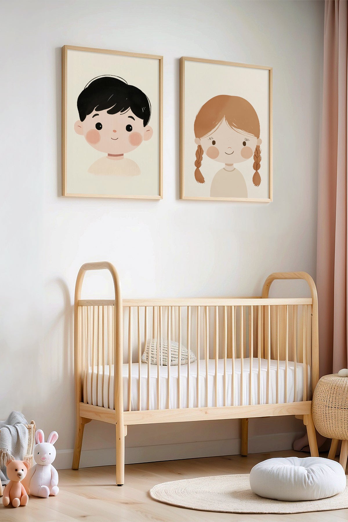 Şirin İkiz Çocuk Portresi - Doğal Ahşap Çerçeveli Çocuk Odası ve Bebek Odası Tablosu