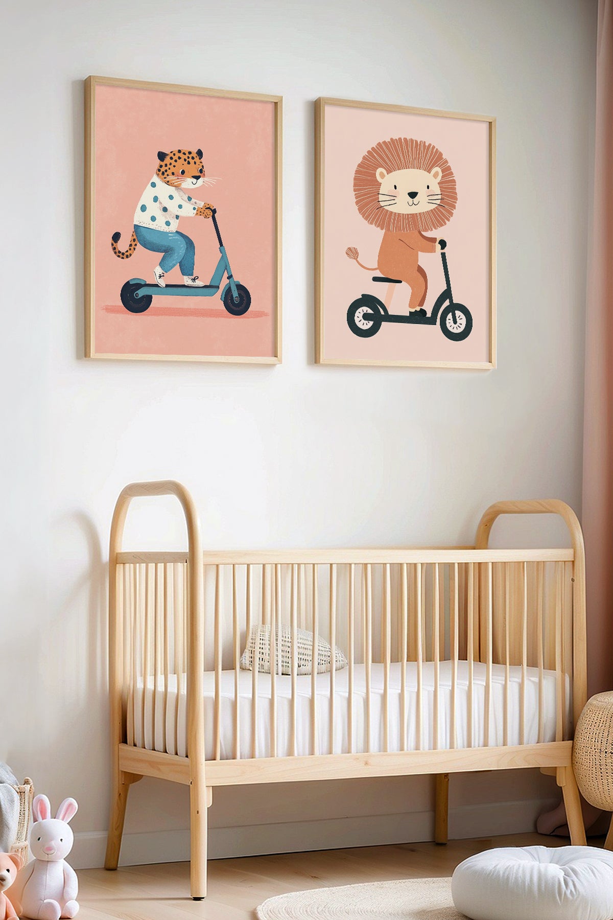 2'li Scooter Süren Şirin Hayvanlar Bebek Odası Ve Çocuk Odası Ahşap Çerçeveli Duvar Tablosu