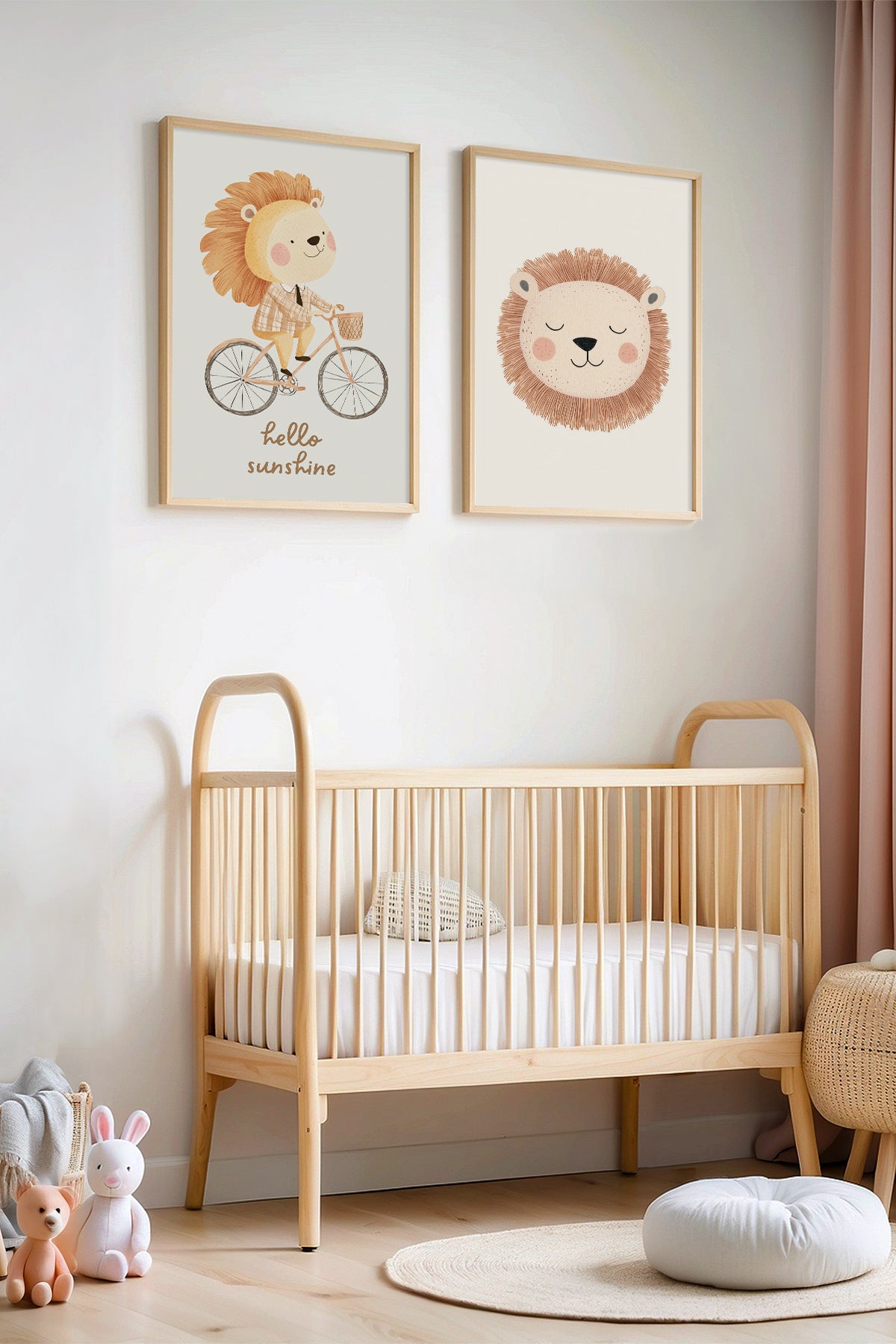 Bisiklet Süren ve Uykucu Aslan Doğal Ahşap Çerçeveli Çocuk Odası ve Bebek Odası Tablosu