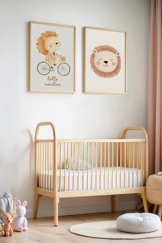 Bisiklet Süren ve Uykucu Aslan Doğal Ahşap Çerçeveli Çocuk Odası ve Bebek Odası Tablosu