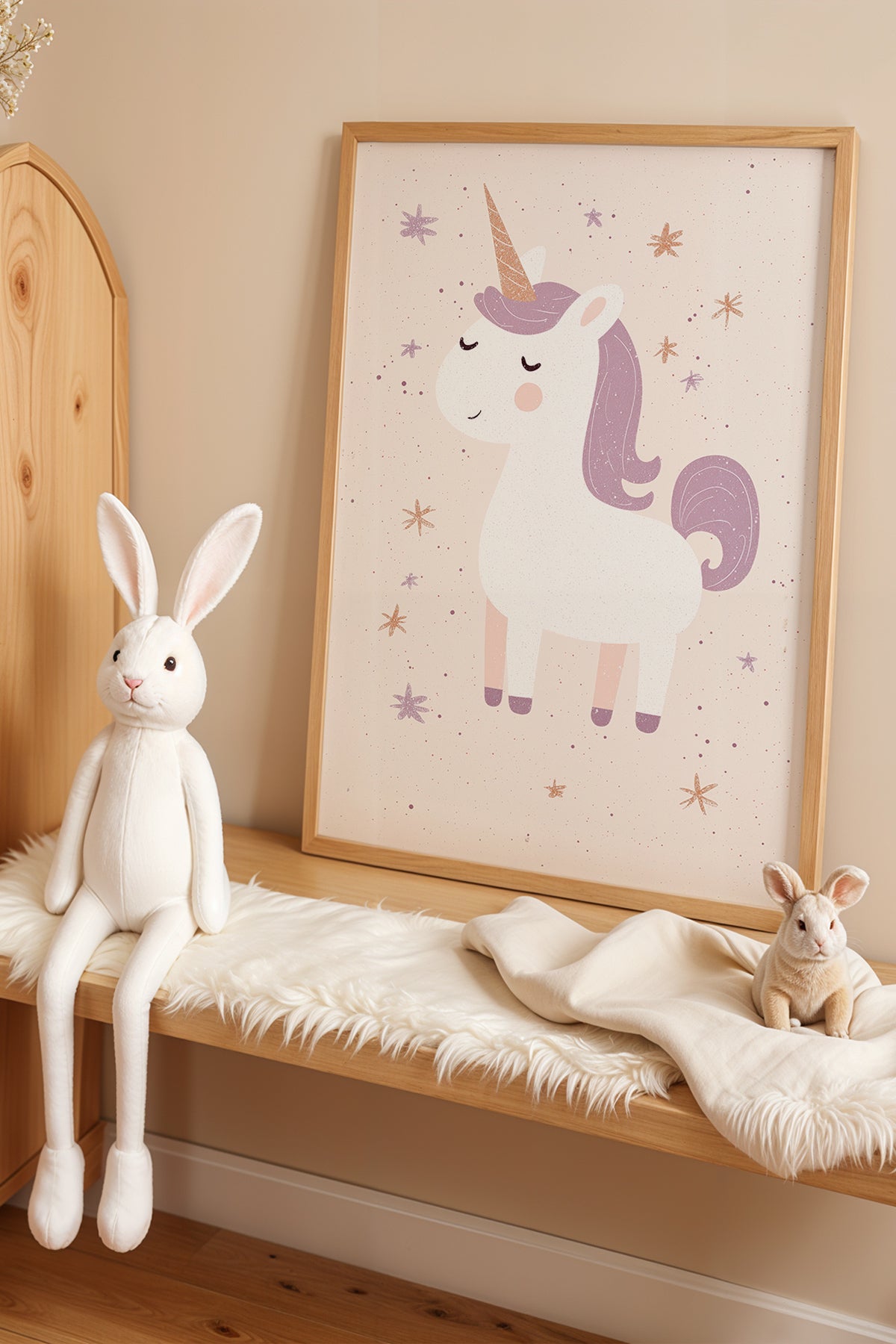 Unicorn Ve Yazılar - Doğal Ahşap Çerçeveli Çocuk Odası ve Bebek Odası Tablosu