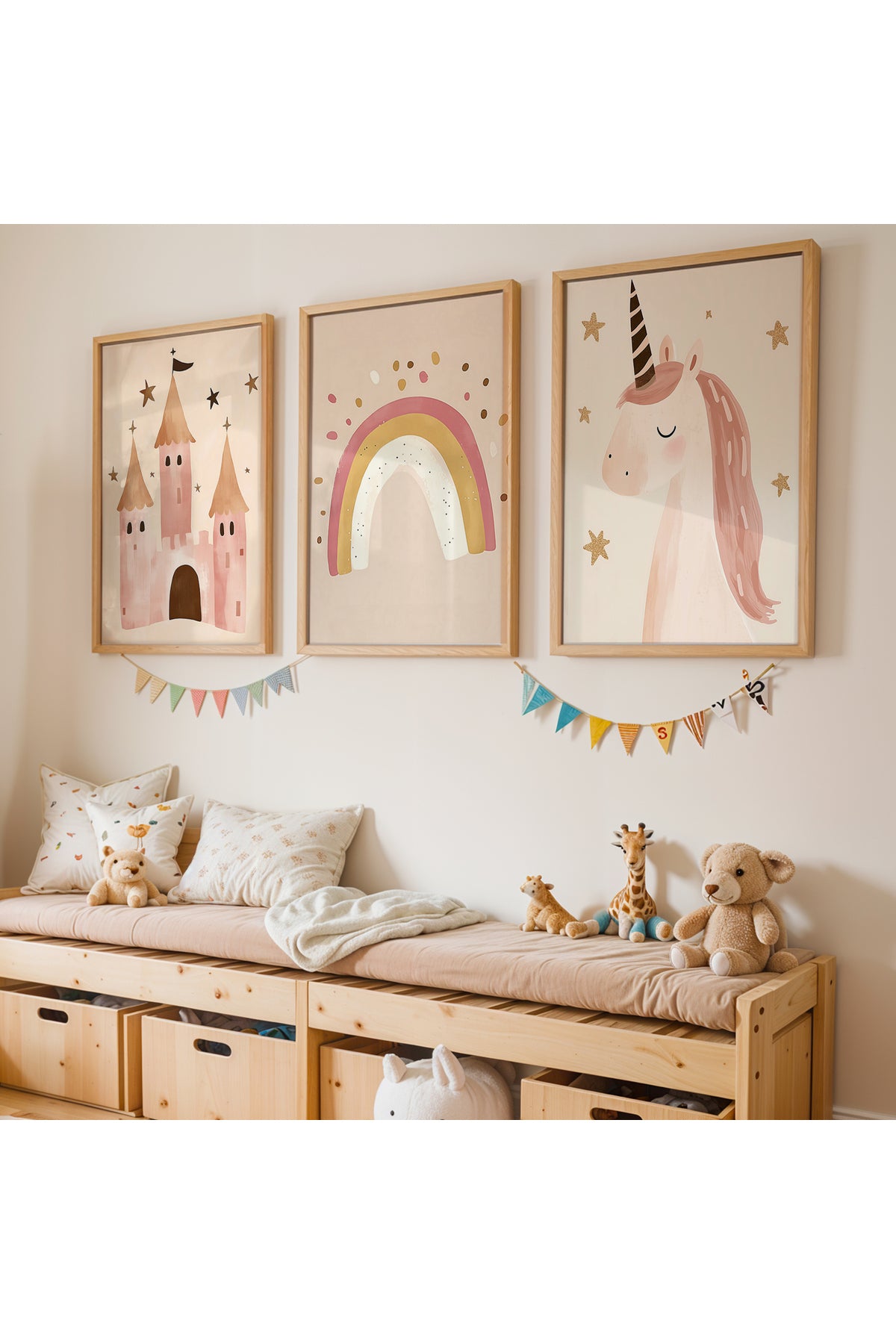 3 Parça Pastel Unicorn Prenses Gökkuşağı Kız Çocuk Odası Ahşap Çerçeveli Tablo Seti