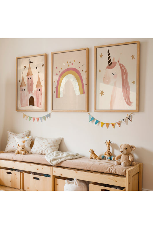 3 Parça Pastel Unicorn Prenses Gökkuşağı Kız Çocuk Odası Ahşap Çerçeveli Tablo Seti