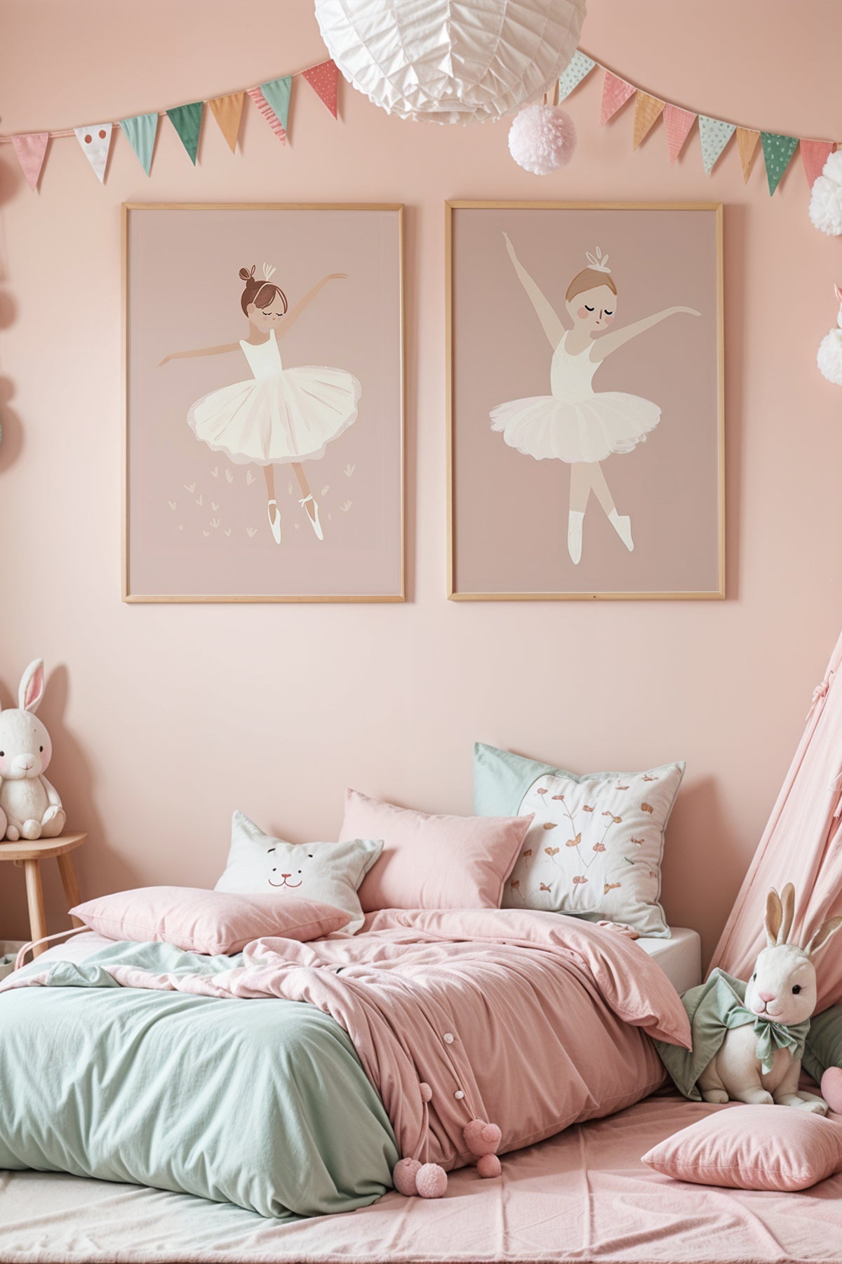 Pembe Arka Fonlu Balerinler Doğal Ahşap Çerçeveli Çocuk Odası ve Bebek Odası Tablosu
