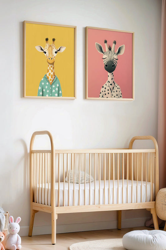 2'li Pijamalı Uykucu Zebra Ve Zürafa Bebek Odası Ve Çocuk Odası Ahşap Çerçeveli Tablo
