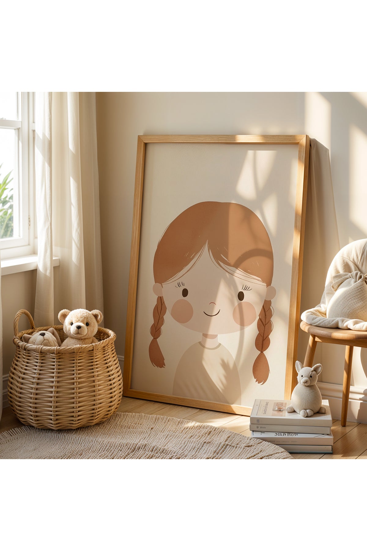 Minimalist Çizim Çocuk Portreleri Doğal Ahşap Çerçeveli Çocuk odası ve Bebek Odası Tablo