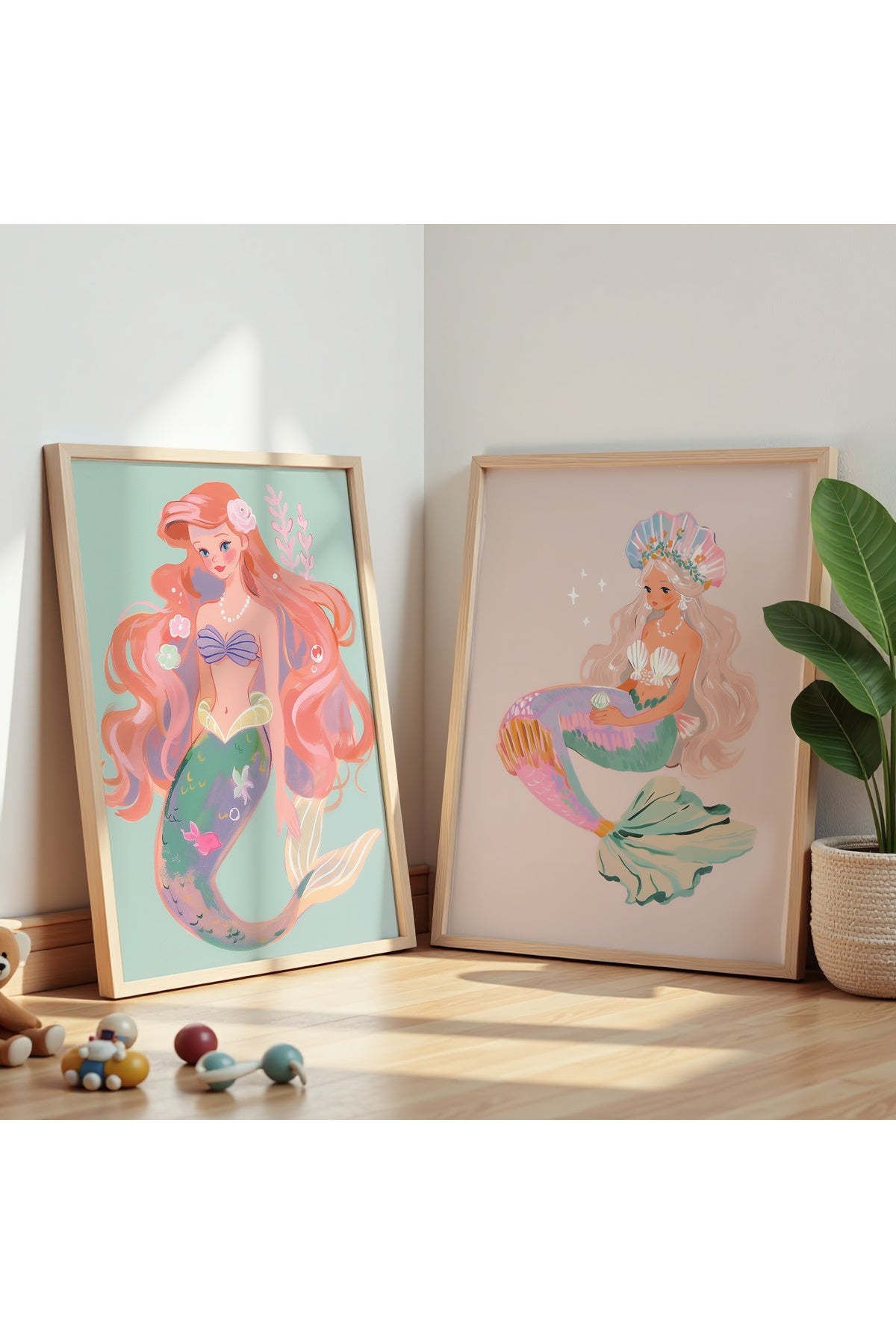 2'Li Prenses Temalı Deniz Kızları - Kız Çocuk Odası Ahşap Çerçeveli Duvar Tablosu