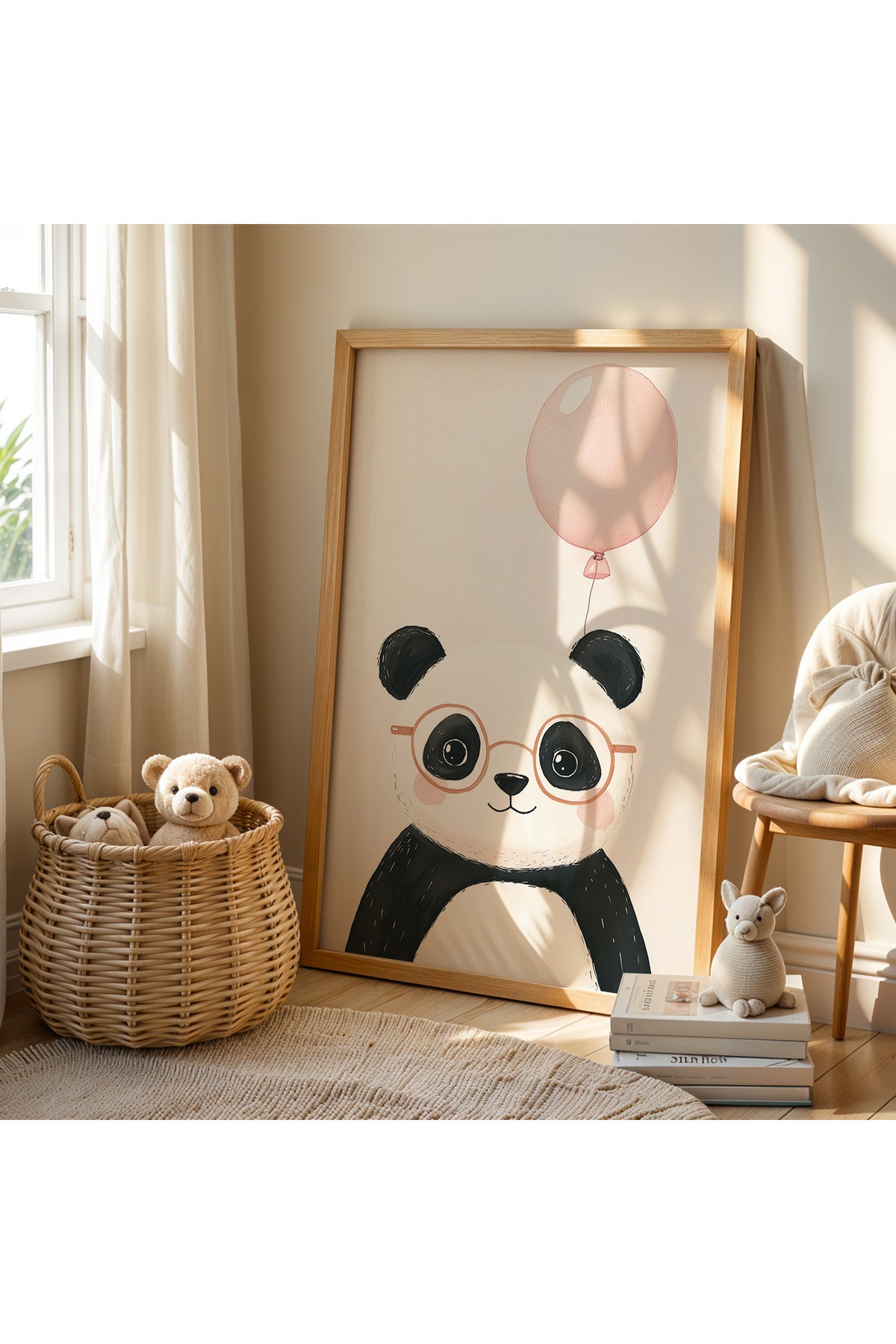 Şirin Panda Ve Kalp Çizimi Doğal Ahşap Çerçevesi Çocuk Odası ve Bebek Odası Tablosu