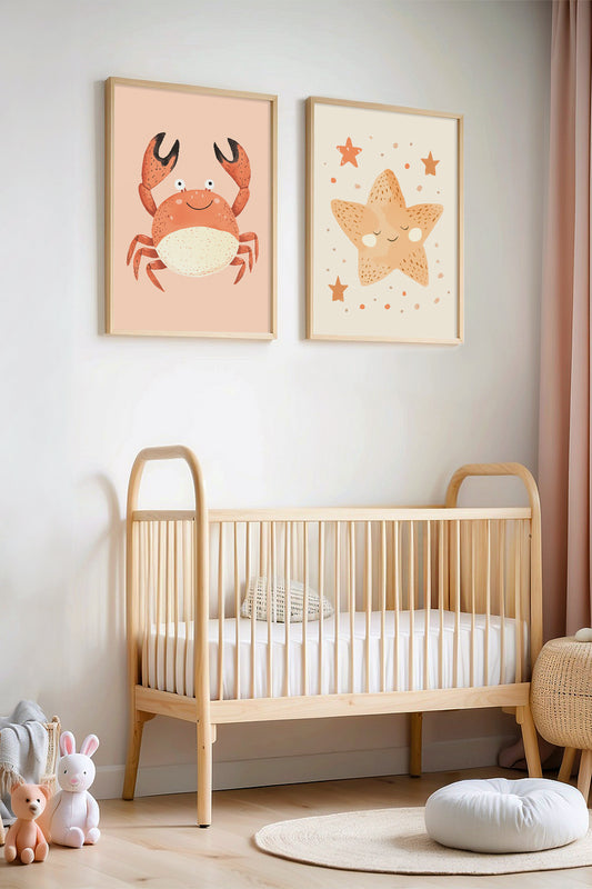 Deniz Yıldızı Ve Yengeç - Doğal Ahşap Çerçeveli Çocuk Odası ve Bebek Odası Tablosu