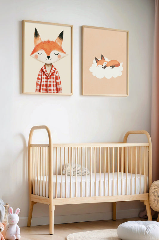 2'li Pijamalı Uyuyan Tilkicik Bebek Odası Ve Çocuk Odası Ahşap Çerçeveli Duvar Tablosu