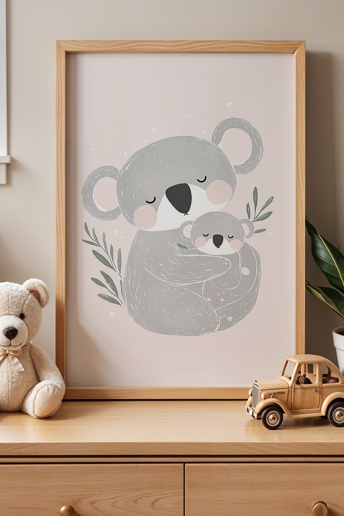 2'li Koala Anne Ve Çocuk Doğal Ahşap Çerçeveli Çocuk Odası ve Bebek Odası Tablosu