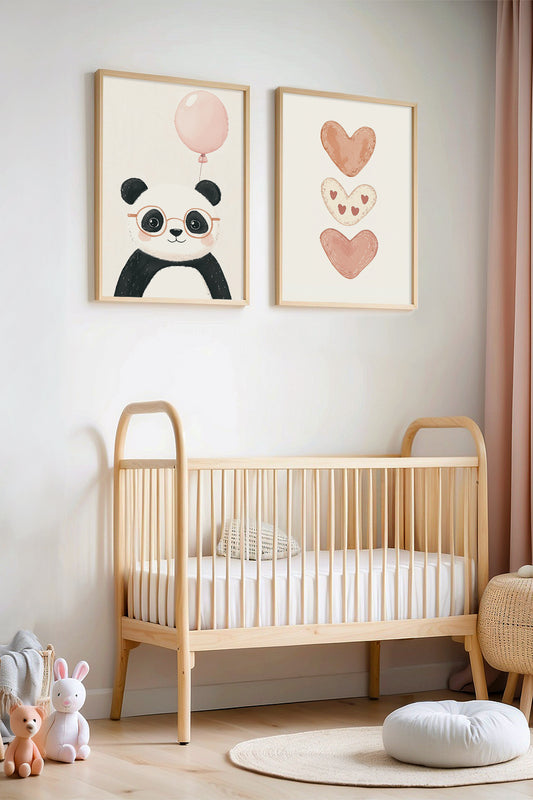 Şirin Panda Ve Kalp Çizimi Doğal Ahşap Çerçevesi Çocuk Odası ve Bebek Odası Tablosu