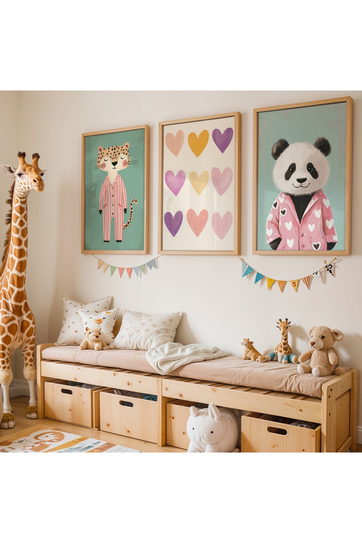 3'lü Pijamalı Panda ve Leopar – Çocuk Odası Ve Bebek Odası Ahşap Çerçeveli Tablo Seti