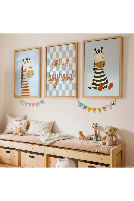 3 Parça Safari Zürafa Zebra Erkek Çocuk Odası Ahşap Çerçeveli Tablo Seti
