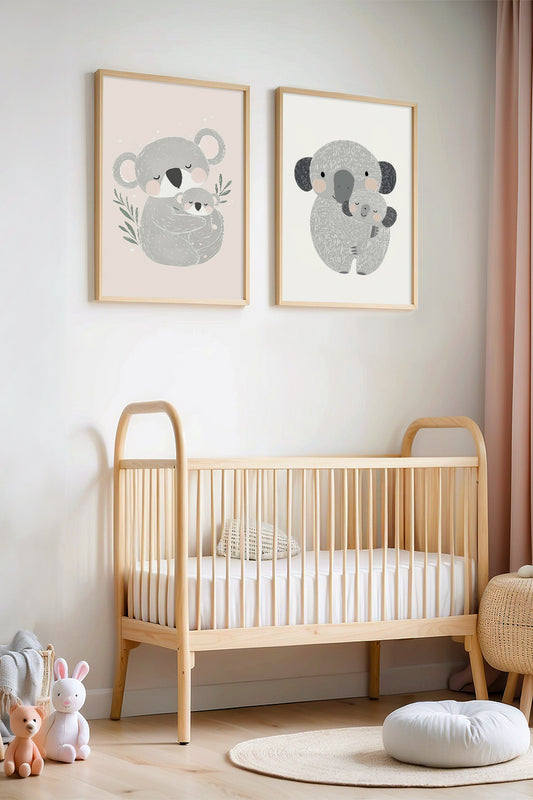 2'li Koala Anne Ve Çocuk Doğal Ahşap Çerçeveli Çocuk Odası ve Bebek Odası Tablosu