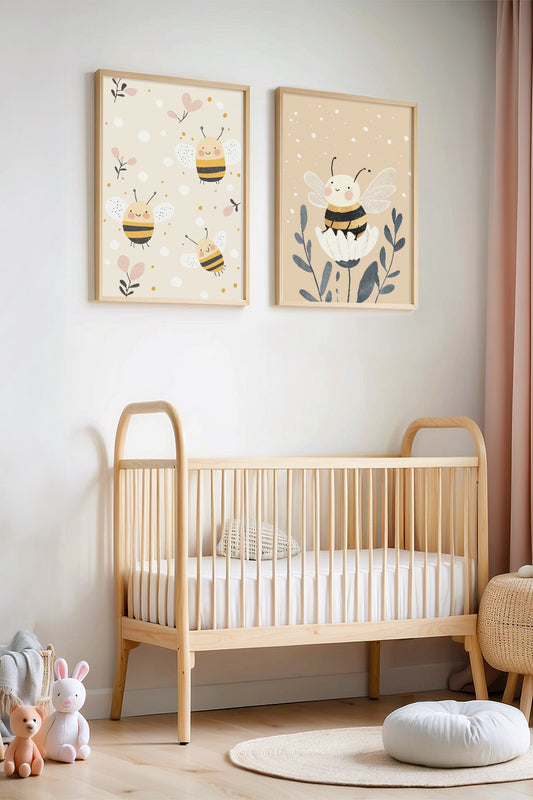 Sevimli Arılar Doğal Ahşap Çerçeveli Çocuk Odası ve Bebek Odası Tablosu