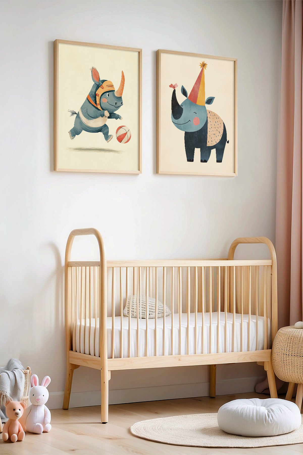 2'li Top Oynayan Gergedanlar Çocuk Odası Ve Bebek Odası Ahşap Çerçeveli Tablo