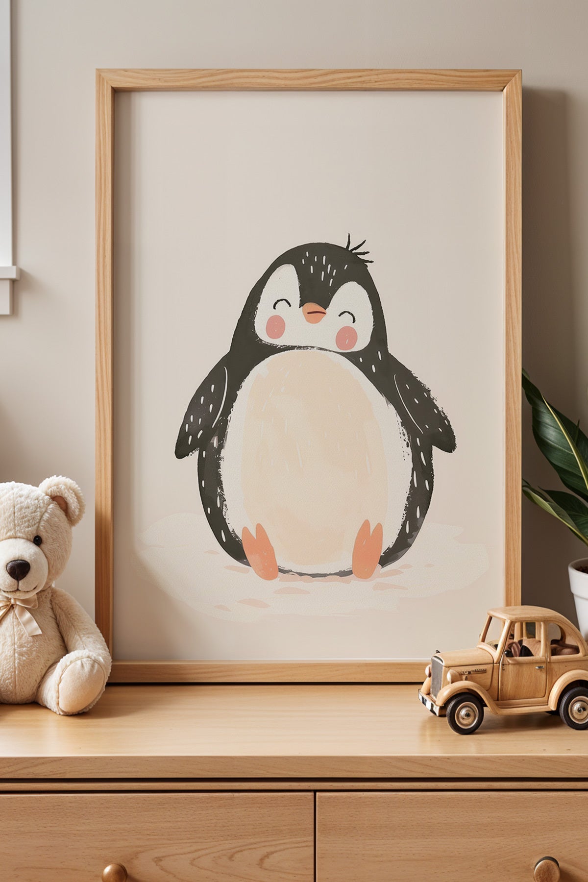 Sevimli Penguen Ve Güneş - Doğal Ahşap Çerçeveli Çocuk Odası ve Bebek Odası Tablosu