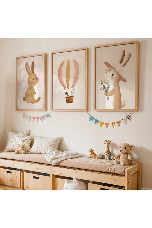 3 Parça İskandinav Boho Kız Çocuk Odası Ahşap Çerçeveli Tablo Seti