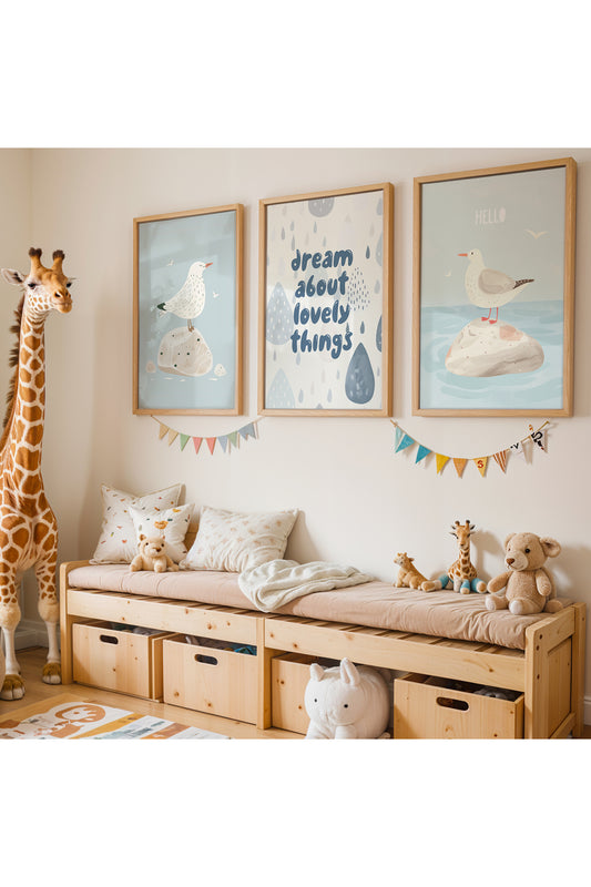 Minimalist Çizim Sevimli Martılar Doğal Ahşap Çerçeveli Çocuk Odası ve Bebek Odası Tablo Seti