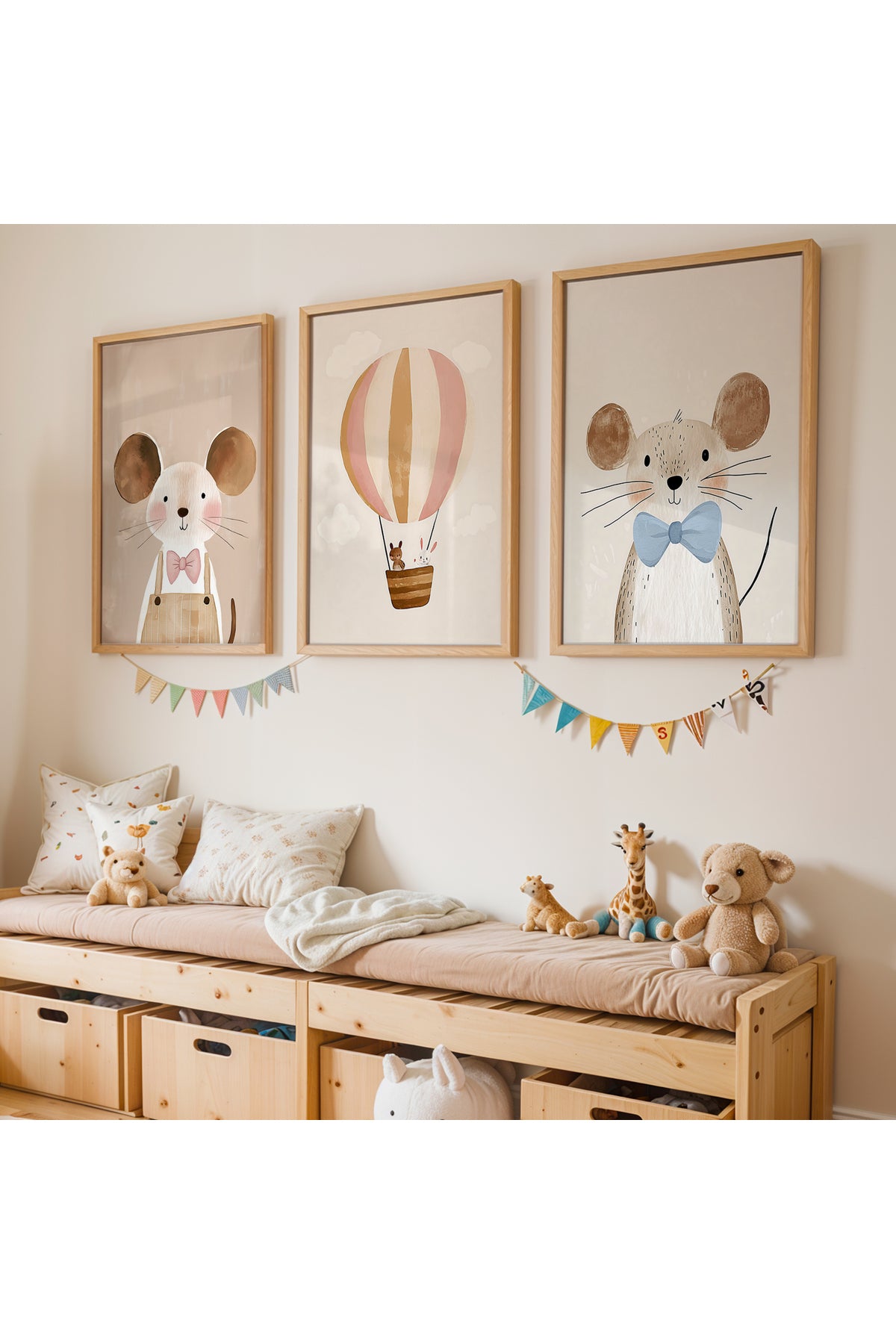3 Parça Fare Balon Bohem Kız Çocuk Odası Ahşap Çerçeveli Tablo Seti