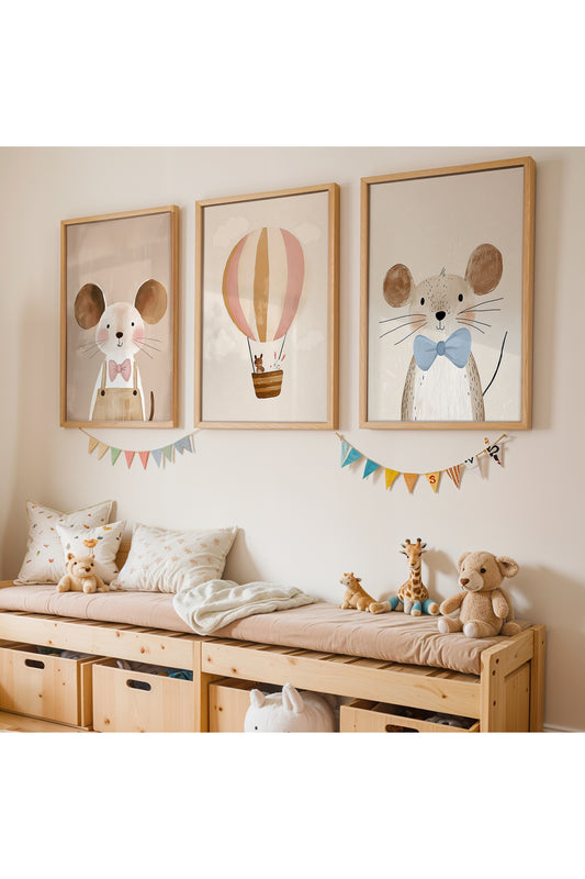 3 Parça Fare Balon Bohem Kız Çocuk Odası Ahşap Çerçeveli Tablo Seti