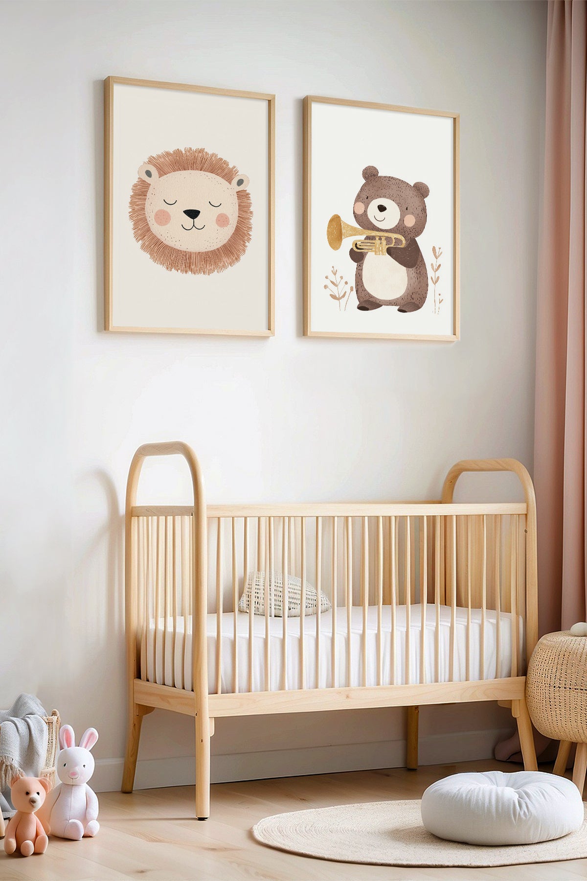 Trompet Çalan Sevimli Ayıcık Ve Aslan Doğal Ahşap Çerçeveli Çocuk Odası ve Bebek Odası Tablosu