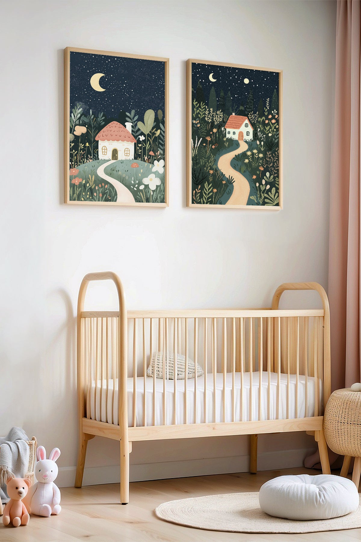 Masal Diyarında Bir Gece Doğal Ahşap Çerçeveli Çocuk Odası ve Bebek Odası Tablosu
