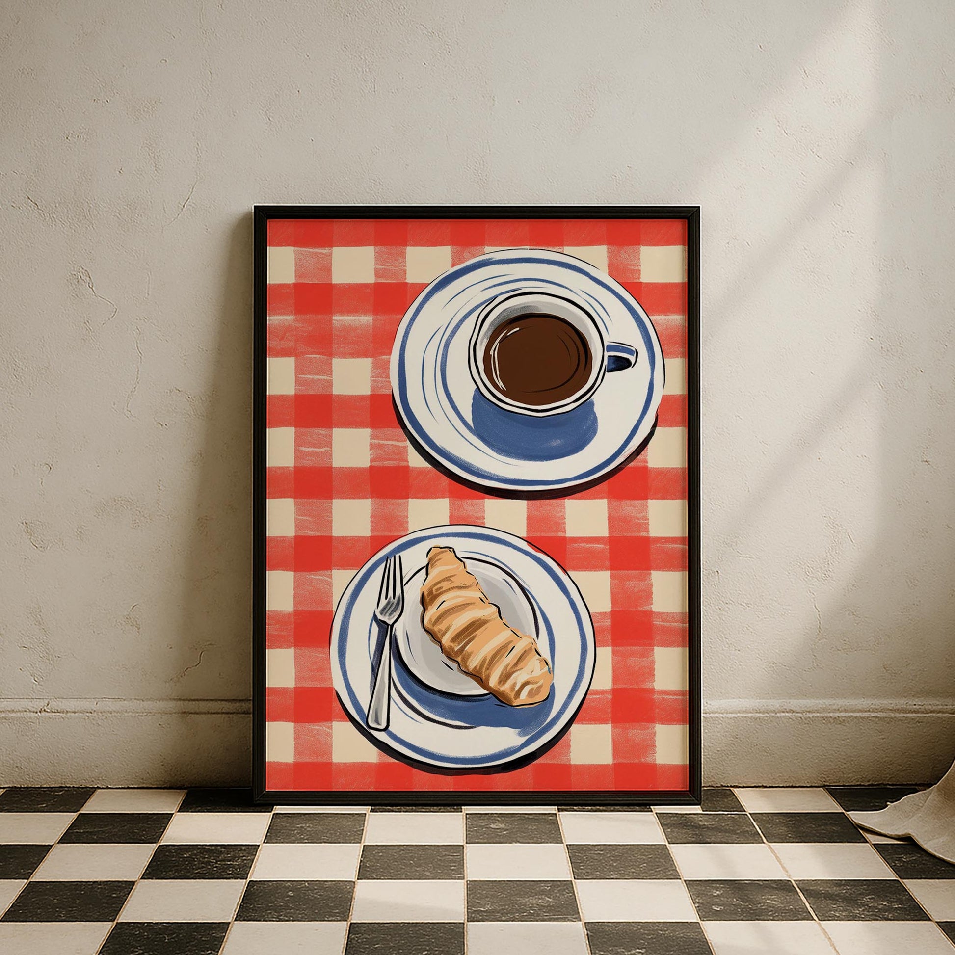 Kırmızı Kareli Masa ve Kahve-Croissant Mutfak Duvar Tablosu