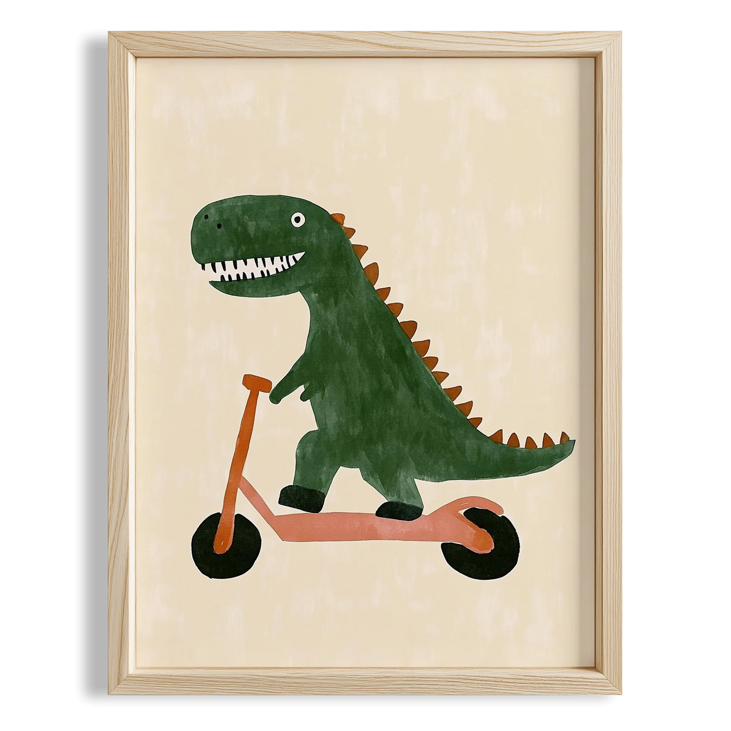 Scooter Süren Dinozor Temalı Krem Fonlu Çocuk Odası Ahşap Tablo I