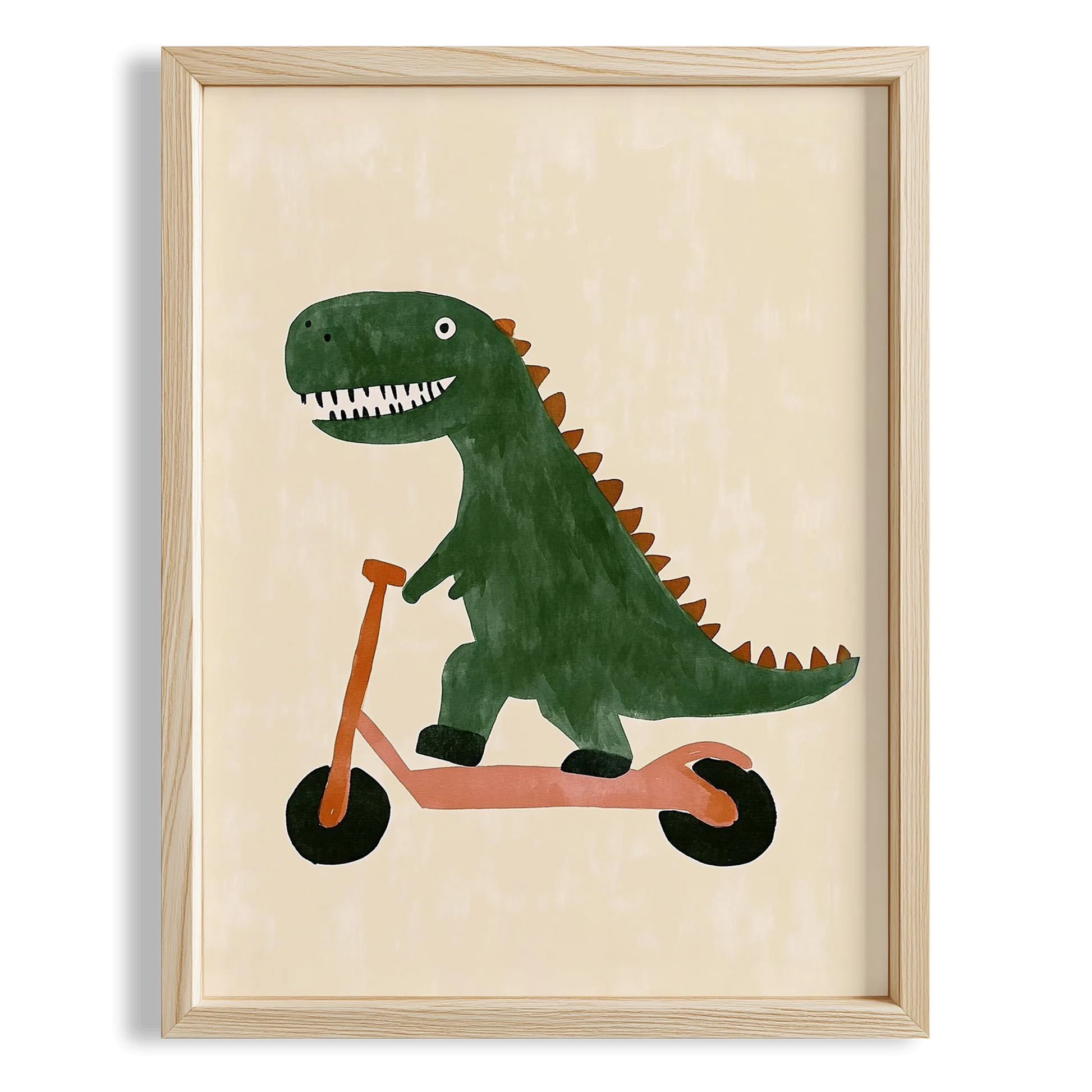 Scooter Süren Dinozor Temalı Krem Fonlu Çocuk Odası Ahşap Tablo I