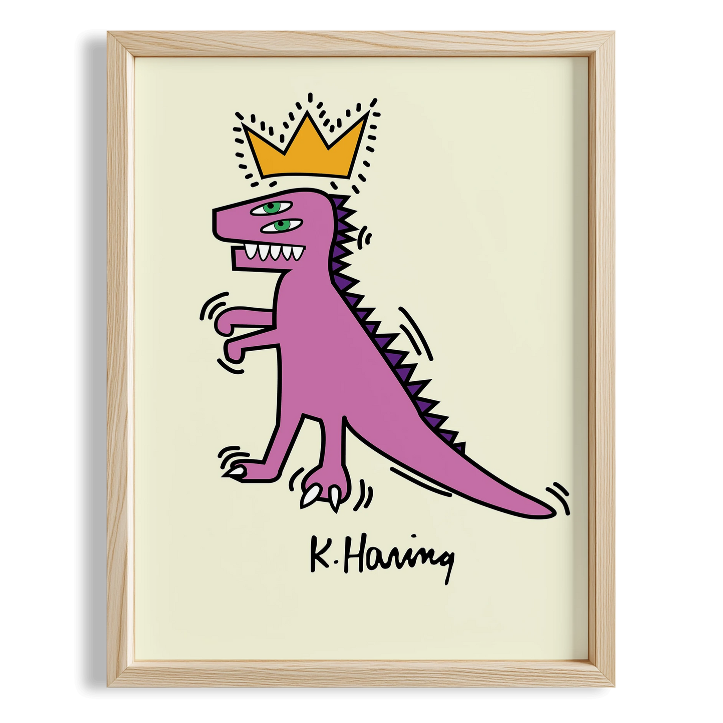Taçlı Dinozor - Keith Haring Ahşap Duvar Tablosu