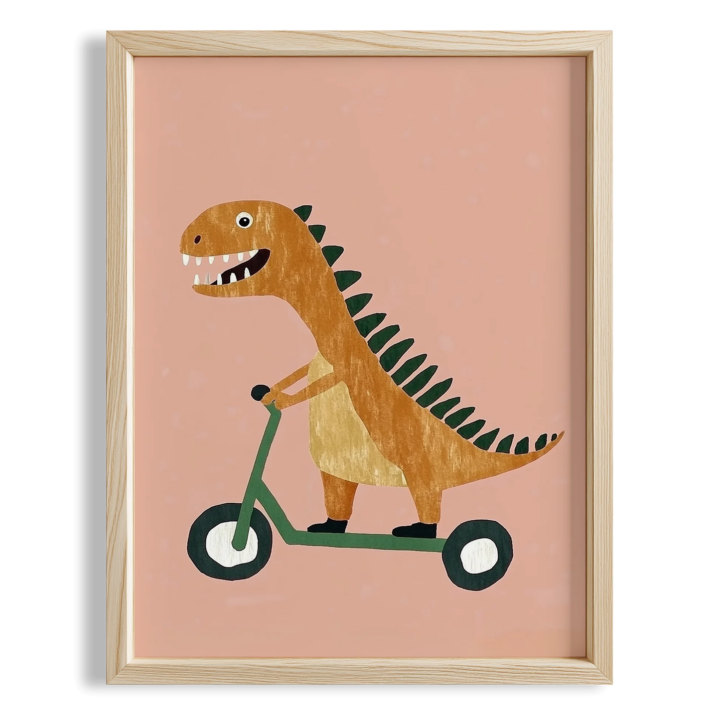 Scooter Süren Dinozor Temalı Pembe Fonlu Çocuk Odası Ahşap Tablo